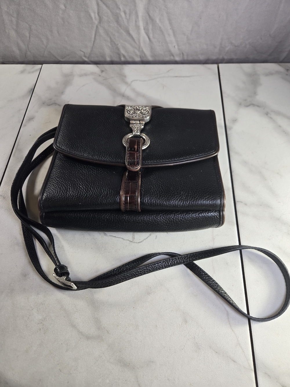 Brighton Nepal Organizer Crossbody Bag Black Brown Croco Leather Purse Wallet